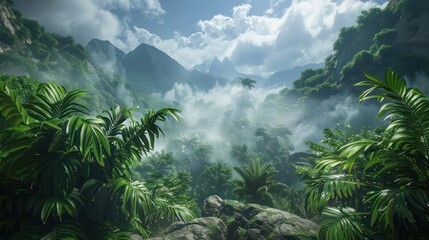Sunlight filters through a vibrant, misty jungle full of luscious greenery and mountain backdrops