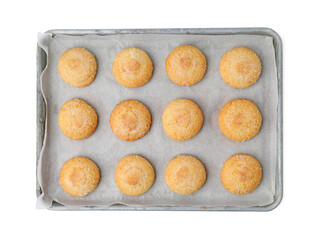 Tray with tasty sugar cookies isolated on white, top view