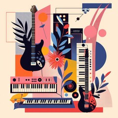 Obraz premium Bold and colorful abstract representation of various music instruments and floral patterns on a geometric background