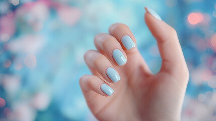 Mão de uma mulher com as unhas pintadas de azul claro 