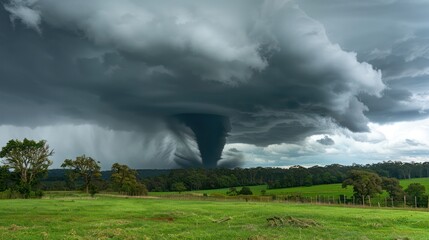 Dark, ominous tornado funnel cloud closes in on a serene rural landscape, capturing the dramatic contrast between calm and chaos