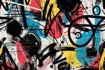 A colorful, abstract painting with splatters of paint and black lines
