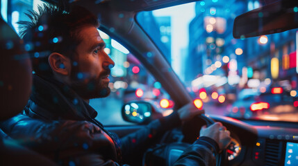 A man is driving a car in a city at night