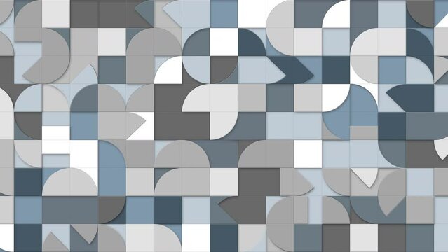 Geometric pattern loop. Circles, squares animation. Modernist abstract background. Bauhaus Design style. Gray, white, neutral palette.