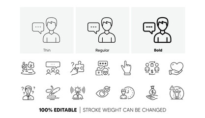 Search puzzle, Working hours and Meeting line icons. Pack of Volunteer, Fishing place, Brand icon. Income money, Cyber attack, Social distance pictogram. Check eye, Click hand, Person talk. Vector