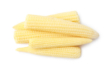 Tasty fresh baby corns isolated on white, top view
