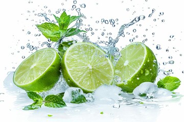 sliced lime with ice and mint in water splash isolated on white food and drink photography