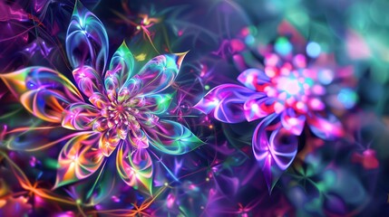 Obraz premium This image features beautifully rendered blossoms with fractal patterns glowing with neon colors, giving a stunning visual effect