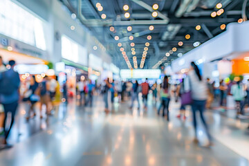 A busy expo hall with people walking around, defocused, blurred background