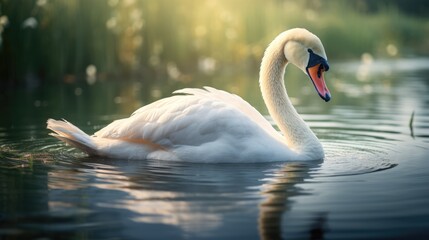 Fototapeta premium An image highly detailed and realistic portrait of a graceful and elegant swan gliding on a tranquil lake