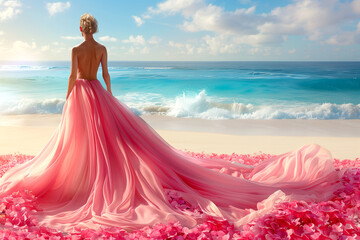 Fototapeta na wymiar A woman in a pink dress stands on a beach with the ocean in the background