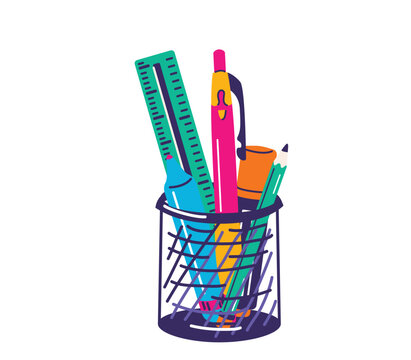 recommend clip art: Pencil holder with school office supplies vector illustration in flat