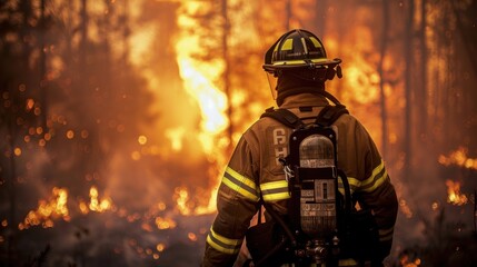 Naklejka premium Illuminate the resilience of a firefighter, adorned in gear, poised to battle the flames and protect their community.