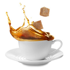 Coffee splashing in cup due to falling sugar cubes on white background - obrazy, fototapety, plakaty
