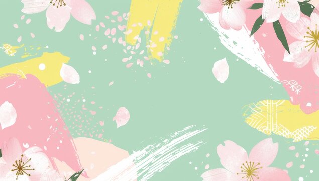 A pastel pink and mint green background with cherry blossoms, petals floating in the air, creating an elegant Japanese style Generative AI