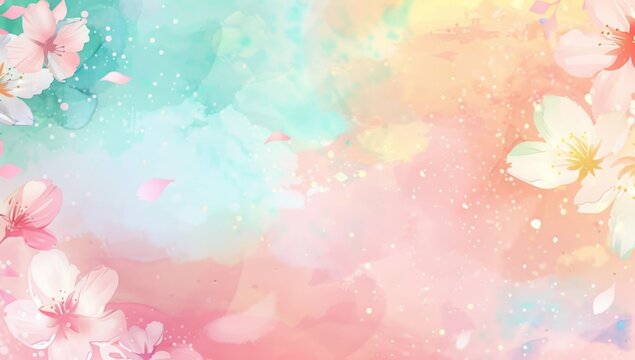 A cute Japanese-style pink and yellow pastel color background with cherry blossoms, watercolor paint strokes and flying petals Generative AI
