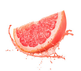 Fresh grapefruit with splashing juice on white background
