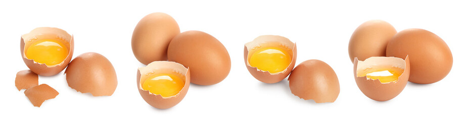 Many eggs and yolks on white background, set