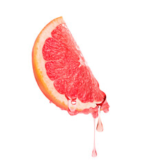 Fresh grapefruit with dripping juice on white background