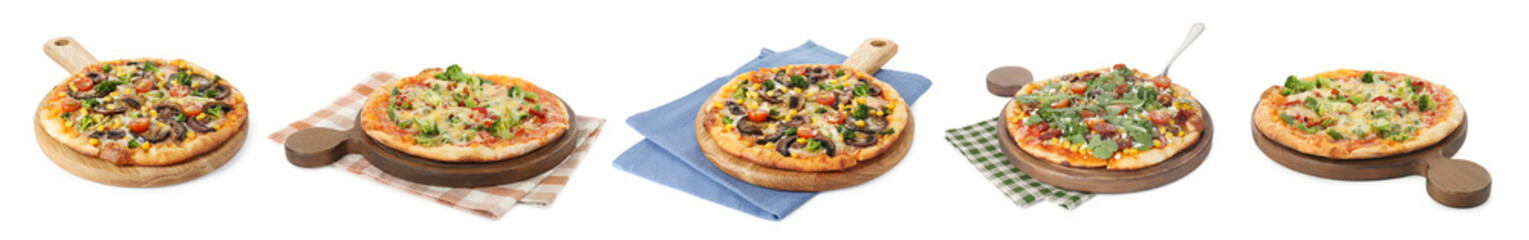 Delicious vegetarian pizzas isolated on white, set