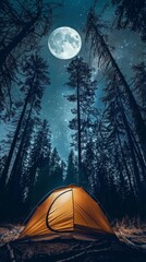Camping under a full moon in a forest