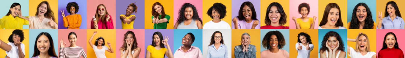 Diverse group of women expressing emotions on colorful background
