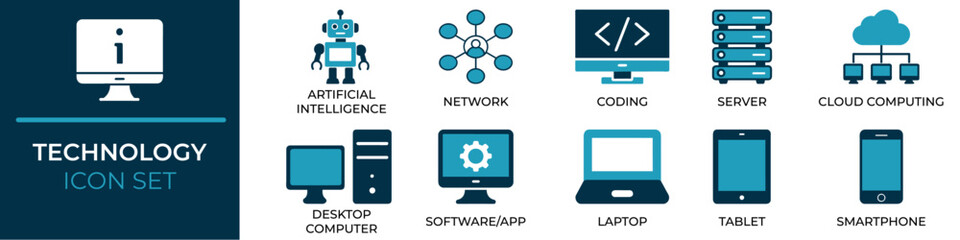 Technology Editable Icons set. Vector illustration in modern style of Technology icons: Artificial Intelligence, Network, Coding and Computing. Isolated on white