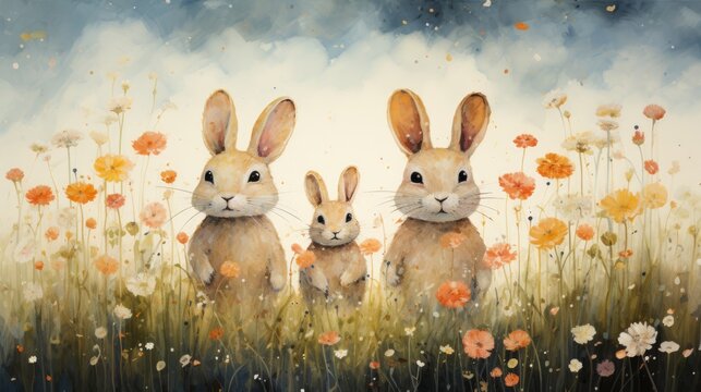 A photo whimsical and imaginative illustration of a family of rabbits exploring a whimsical meadow