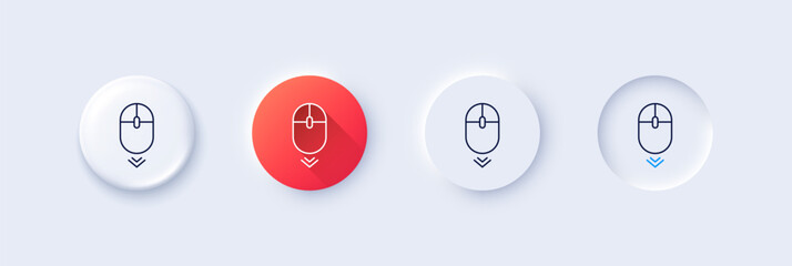 Scroll down mouse line icon. Neumorphic, Red gradient, 3d pin buttons. Scrolling screen sign. Swipe page. Line icons. Neumorphic buttons with outline signs. Vector