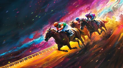 Horses racing in a colorful abstract painting - Generative AI