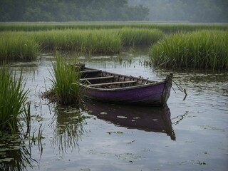 Obraz premium Weathered, purple rowboat rests partially submerged in calm waters, surrounded by lush green reeds under hazy sky. This serene scene reflects tranquility of nature.