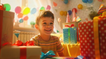 A boy in a striped T-shirt laughs joyfully among a pile of colorful birthday presents