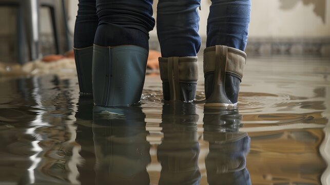 Two fictitious people are standing in a flooded room in their house with wellies and rain boots on after a heavy rain. Their Wellington boots are green as they assess the damage.