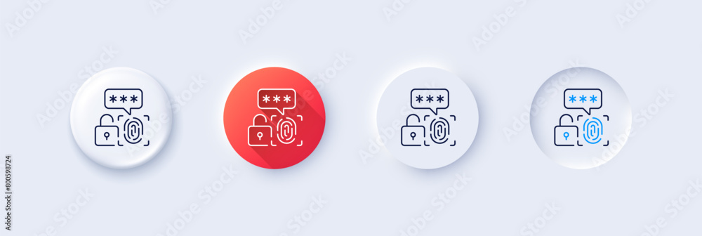 Poster biometric security line icon. neumorphic, red gradient, 3d pin buttons. fingerprint scan sign. priva