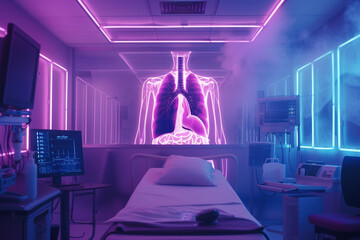 Advanced AI diagnosing lung cancer from digital scans neon lit room  - obrazy, fototapety, plakaty