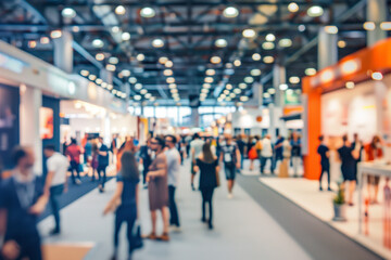 People walking at modern expo, indoor fair exhibition crowd, with bokeh
