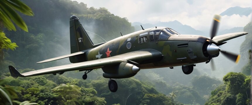 A rugged, military-style airplane flying low over a dense jungle, its camouflage paint blending in with the lush greenery