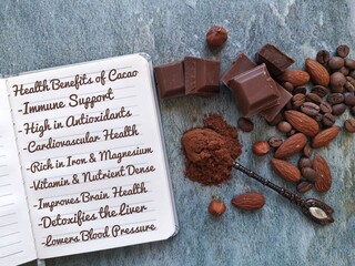 Health and nutrition benefits of cocoa powder. A list of the health benefits of chocolate and cocoa handwritten in a notepad. Dark chocolate, cocoa powder and coffee beans, healthy nutrition.