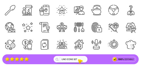 Seo timer, Work home and Vip star line icons for web app. Pack of Painter, Food app, Gift pictogram icons. Sharing economy, Presentation board, Approved agreement signs. Update document. Vector