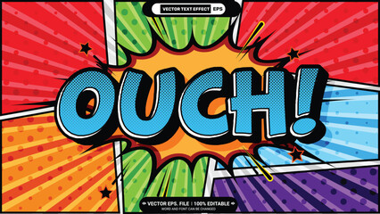 Ouch pop art style comic editable 3d vector text effect with comic book backdrop illustration