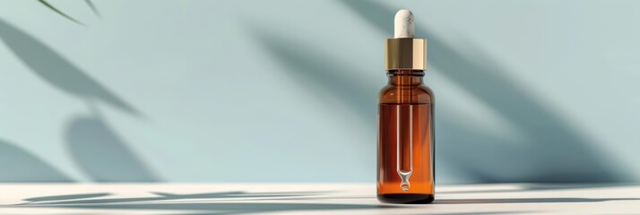 Naklejka premium A bottle of serum, with its promise of glowing, rejuvenated skin, sits elegantly against a serene background, with copy space