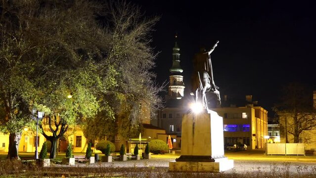 ZAMOSC, POLAND - OCTOBER 30 2017: Statue of Jan Sariusz Zamoyski, founder of Zamosc, Poland near Cathedral of St. Thomas Apostle. He was Polish nobleman, magnate, and 1st ordynat of Zamosc.
