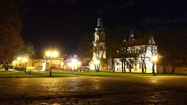 ZAMOSC, POLAND - OCTOBER 30 2017: Statue of Jan Sariusz Zamoyski, founder of Zamosc, Poland near Cathedral of St. Thomas Apostle. He was Polish nobleman, magnate, and 1st ordynat of Zamosc.