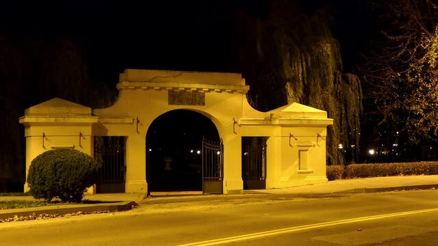 ZAMOSC, POLAND - OCTOBER 30 2017: Beautiful stone entrance to the City Park from Academic Street
