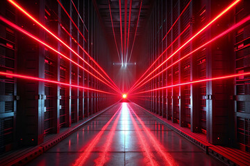 Leading Lines of Laser Beams in Server Room with Red and Black Backdrop