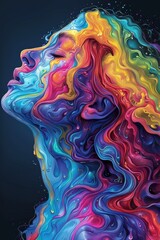 A woman's head is painted with colorful swirls and lines, AI