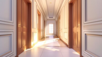 A warm glowing hallway graced with wooden panels and a perspective leading towards an inviting light