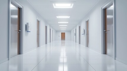 A sleek, modern hospital corridor with reflective white floors and evenly spaced doors suggesting cleanliness and order
