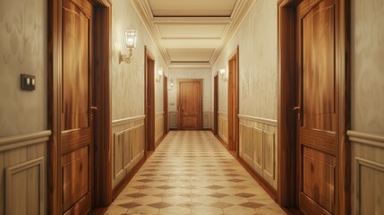 Richly appointed with classic wood paneling and ornate wall-mounted lamps, this image is of a cozy yet luxurious hallway in an upscale residence