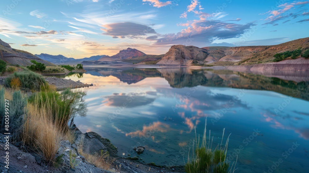 Wall mural A tranquil lakeside at twilight with a beautiful reflection of clouds and pastel colors over a mountainous backdrop